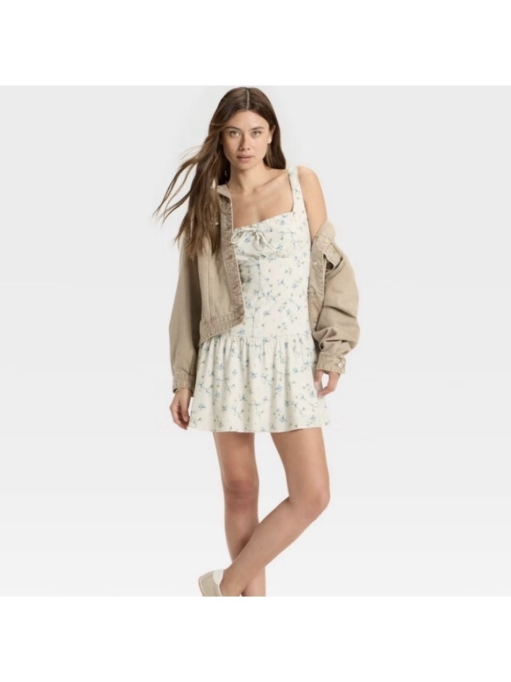 Wild Fable Emma Drop Waist Cottagecore Floral Mini Dress White & Blue Size XXL